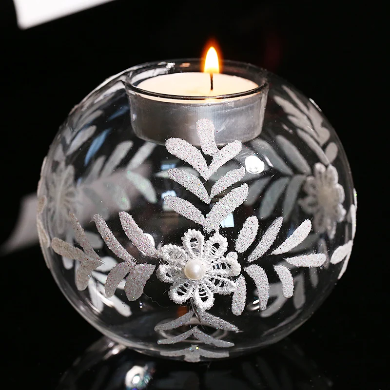 

Round Glass Ball Tealight Candle holders with White Flowers Wedding Centerpiece Candlestick Christmas Dinner Ornament Festival