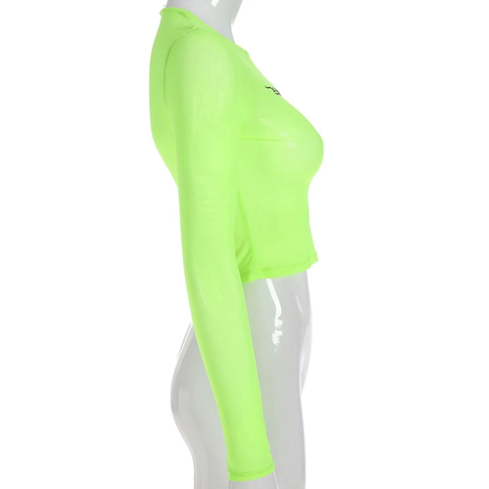 عارضة شبكة t قميص المرأة شفافة أعلى المتناثرة طويلة الأكمام الإناث تي شيرت الفلورسنت الأخضر المحاصيل قمم تيز طباعة Camiseta