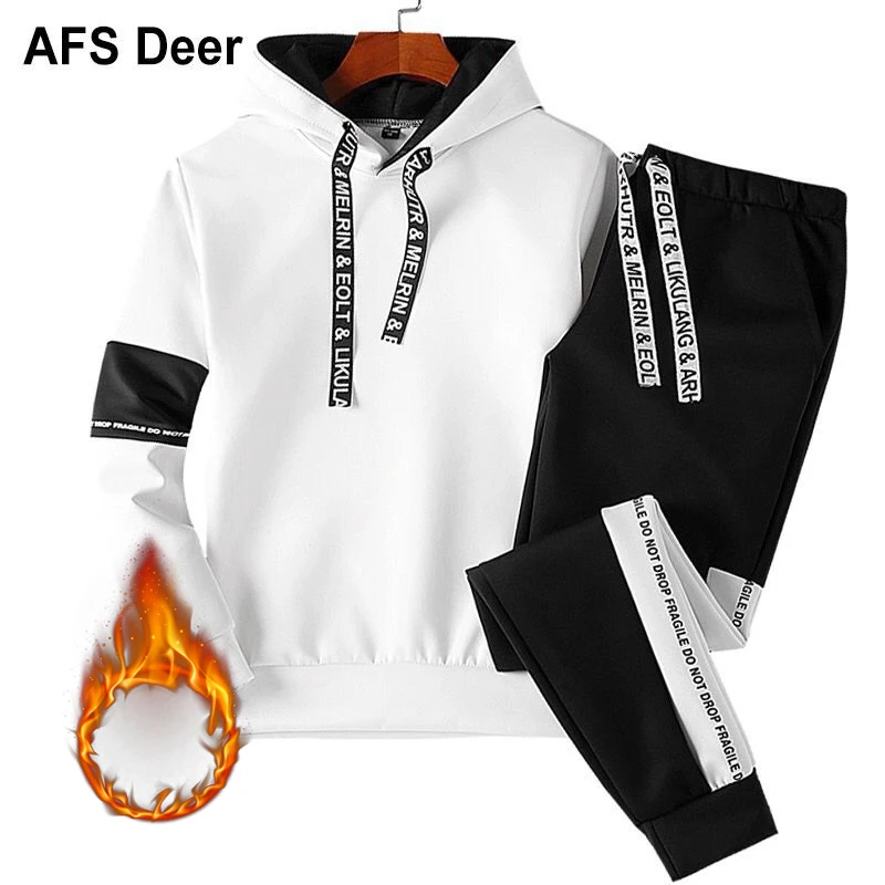 

Thick Fleece Mens Tracksuit with Hood Gym 2 piece Set Men Tops and Pants Hip Hop Sweatshirt Sportwear Suit Christmas Male Dress