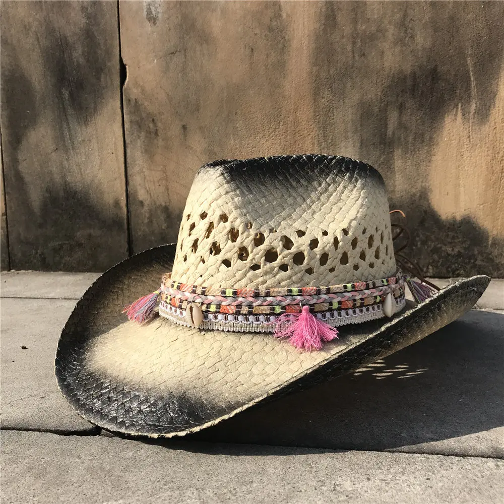 Модные женские туфли полые западная ковбойская шляпа летняя леди Boater сомбреро Hombre Шляпа Чародей кисточкой Защита от Солнца шляпа