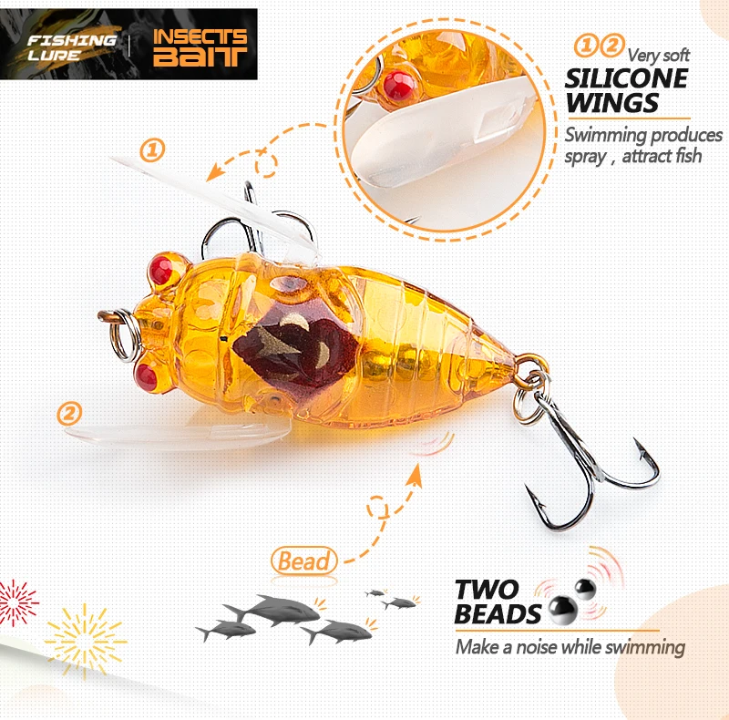 DONQL 4PcsBox Cicada Insects Fishing Lure Set 5cm 6g Floating Topwater Hard Baits Kit Fishing Tackle With Treble Hooks    (11)