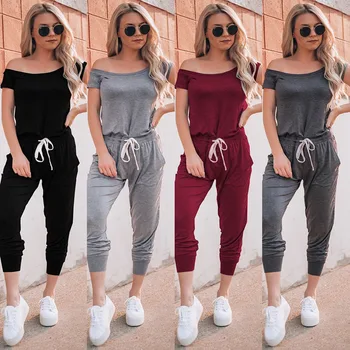 

Women Summer Off Shoulder Jumpsuit Outfits Short Sleeve Lace-up Rompers with Pockets FS99