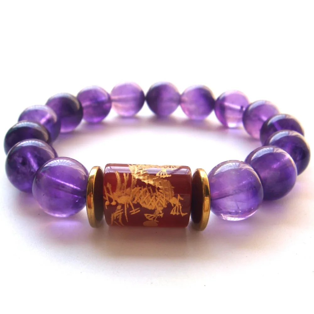 

2019 1PC Natural Stone Amethys Handmade Dragon Tube Tibetan 6 Syllable Mantra Beads Stretch Bracelet Gift Box