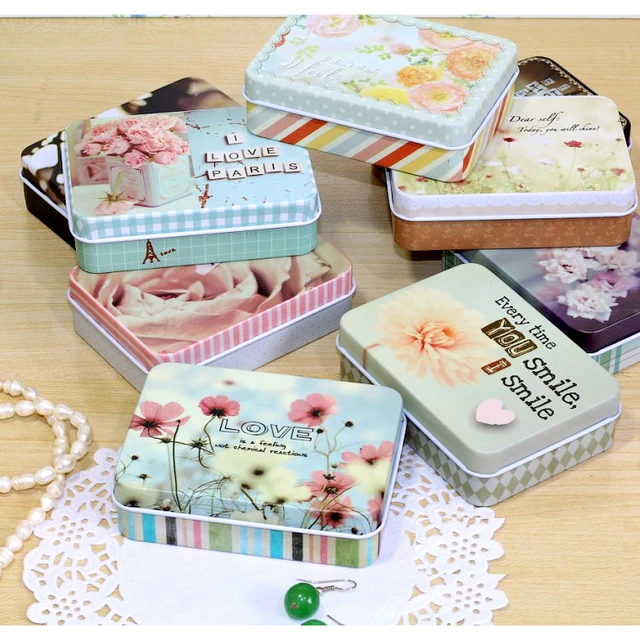 8pcs 9.5*7*2.7cm Flowers Style colorful mini tin box with hinge, hinged