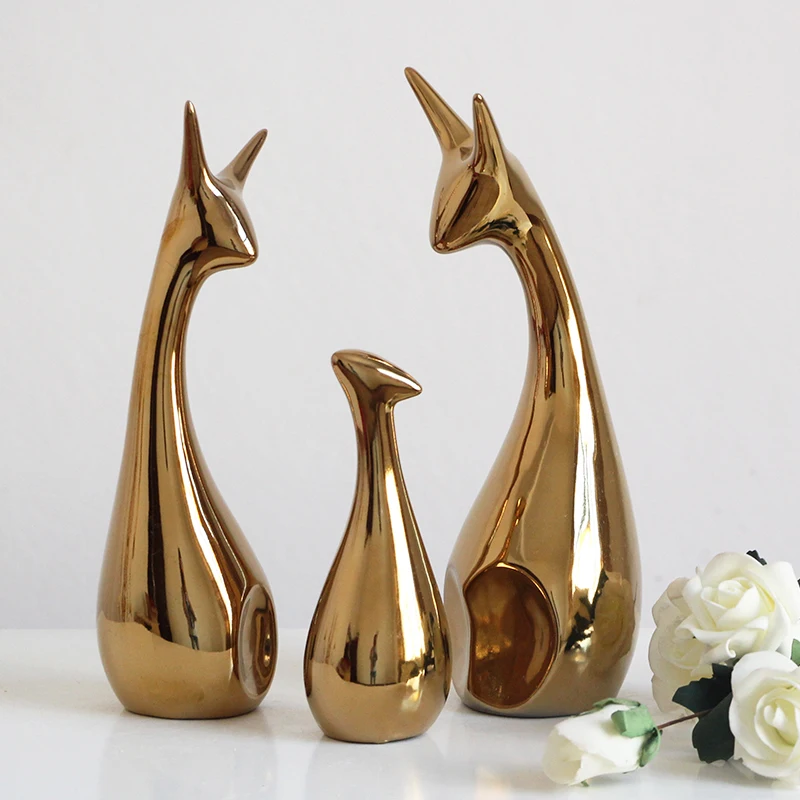 

3pcs lot gold/silver plated shiny ceramic deer figurines home furnishings decorative arts and crafts happy family of three deer