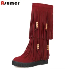 ASUMER/ г., Уникальные зимние женские ботинки с кисточками на платформе с круглым носком, удобные женские ботинки до середины икры на плоской подошве без застежки