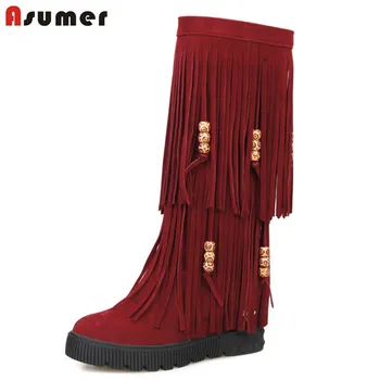 

ASUMER 2020 winter ladies unique winter boots with tassel platform round toe comfort flat with slip on women mid calf boots