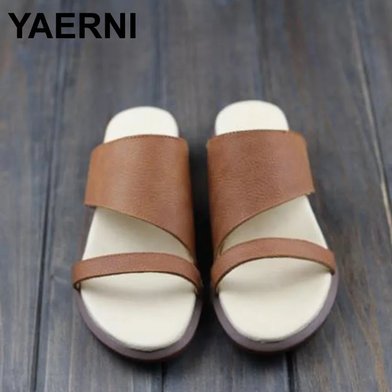 

YAERNI Shoes Woman slipper Coffee/Brown Step-ins Slippers Genuine Leather Ladies Sandals Summer Female Shoes