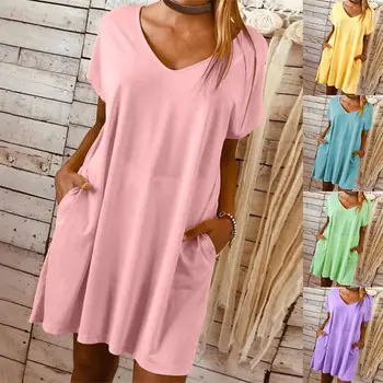 

Ladies Womens Casual Plain V Neck Loose Pockets Long Top Mini Dress Plus Size