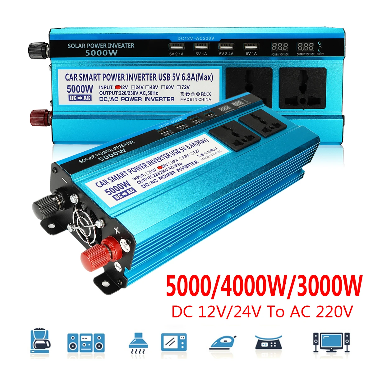 

Voltage Transformer Peak 5000W/4000W/3000W Solar Power Inverter Dual Screens 12V/24V DC to 220V AC Modified Sine Wave Converter