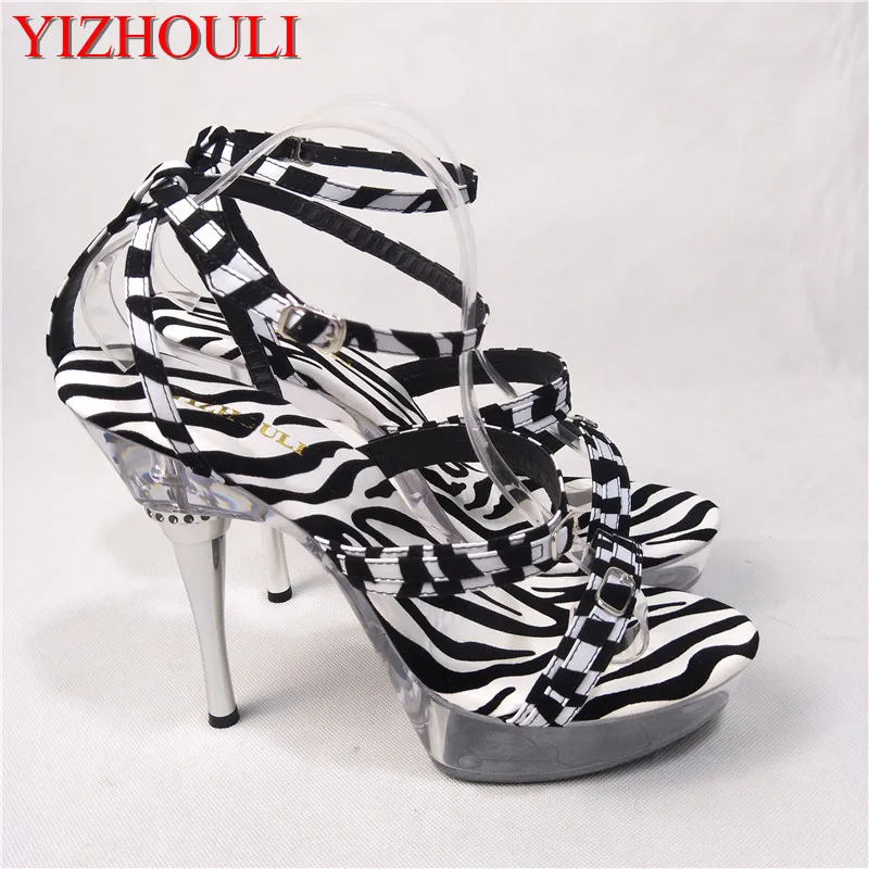 

Classic Zebra Pattern 15cm Temptation Sandals Ultra Thin High Heels Platform Shoes 5 Inch Sexy Crystal Shoes