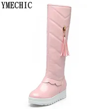 YMECHIC/женские теплые сапоги до колена розового, белого и черного цвета, женские высокие сапоги для верховой езды на танкетке с оборками, большие размеры, зимняя женская обувь