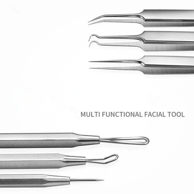 Двойной головкой из нержавеющей стали для черных точек, прыщей, удаления пятен, очищающий лосьон, инструменты для ухода за кожей с кожаным мешком высшего качества
