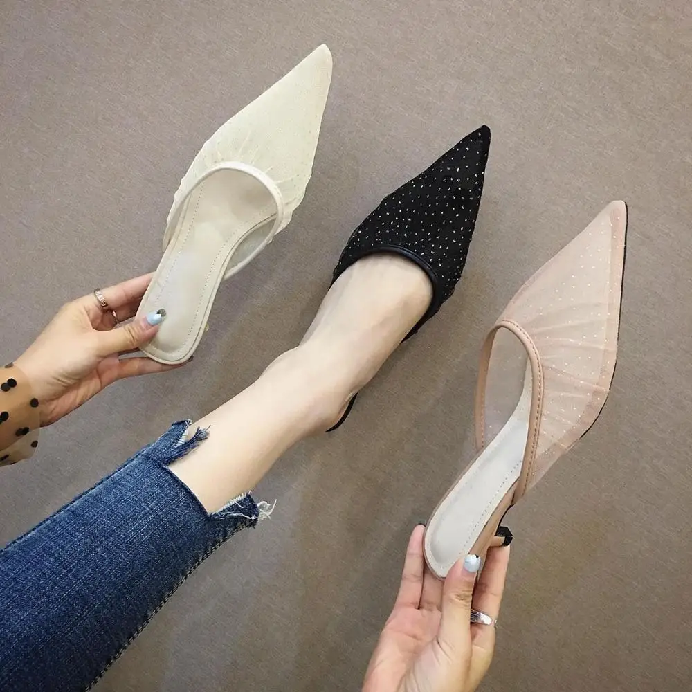 

2019 New Spring Small Heel Women Slippers Transparent Mesh Sequins Pointed Stiletto Heel Baotou Slippers Outside Women Slides