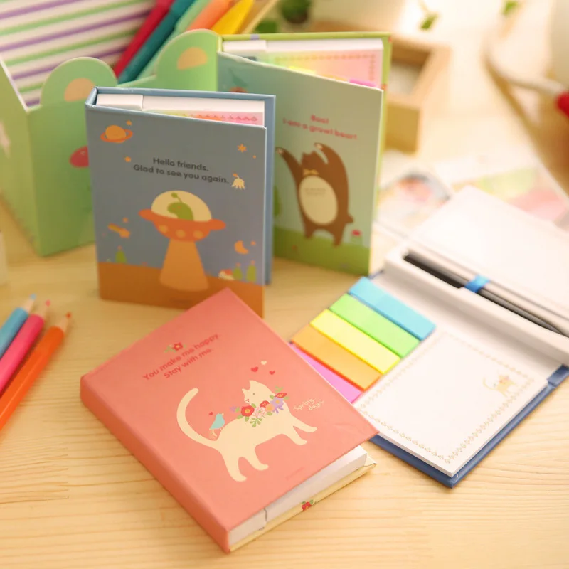 Cute Stationery Cartoon Kawaii Cat Bird Hard Cover Notebook With Coloful Stickey Paper Set Daily Memo Pads Pen Notepad Kids Gift |