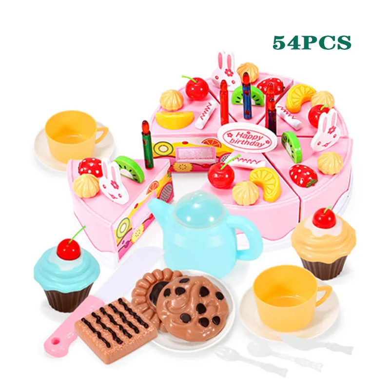 75 шт. DIY разрезание торта ко дню рождения кухонная игрушечная еда ролевая игра Кухня игрушка розовый синий подарок для девочек для детей - Цвет: 54PCS pink