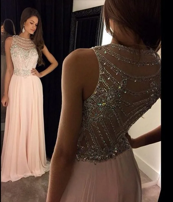Sparkling beading pink Prom Dresses 2016 long chiffon evening dress A-Line Silvery Crystals cheap party vestido de festa | Свадьбы и