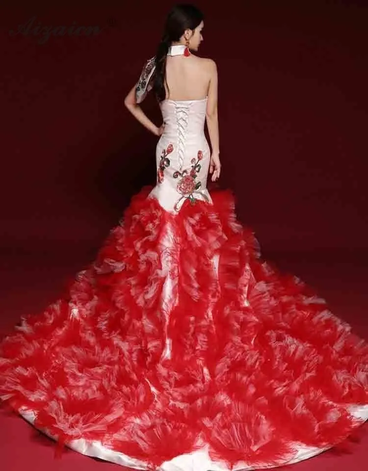 Модные Винтаж Go шоу Cheongsam Современные красный длинный хвост тонкий Qi Pao Для женщин традиционное китайское платье приема гостей вечеринки платье Qipao