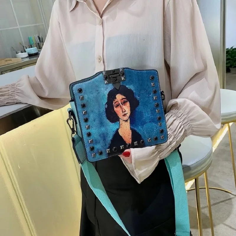 

Women's Fashion Pu Leather Rivet Crossbody Shoulder Bag Personalized Graffiti Printing Bucket Bag Cute Leisure Bags