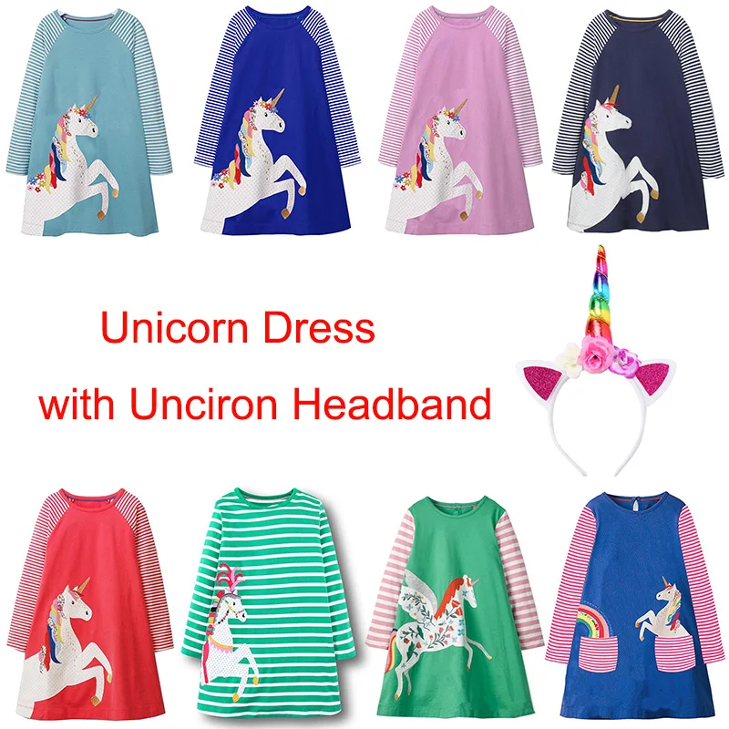 

3PCS Unicorn Dress with Unicorn Headband Long Sleeve Baby Girl Dress Princess Costume Cotton Kids Dresses for Girls Clothes