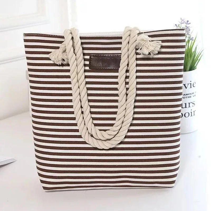 

High quality canvas stripe shoulder bag Rope hand open bag hemp rope navy style casual lady bag trendy shopping bag for women