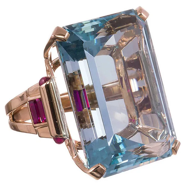 GS Elegant Blue Zircon Rings For Women Rose Gold Color Wedding Engagement Ring Men Big Square Shape Stone Ring Jewelry Gift R5GR