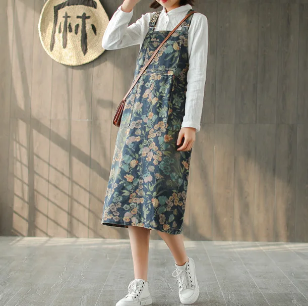 

New Spring Summer Dress Retro Women Loose Large Size Denim Dress New Ladies Casual Print Flower Pocket Mori Girl 2019 Dress
