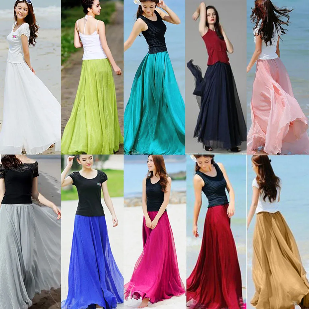 

Women Elastic Waist Chiffon Long Maxi Beach skirt #1