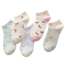 5 пар, женские короткие носки милые забавные простые носки в полоску с животными, фруктами для девочек Удобные Хлопковые женские носки на лето и осень, Meias