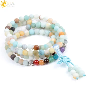 

CSJA Chakra Natural Amazonite Stone Bracelet 6mm 108 Prayer Mala Bead Buddha Frosted Bangle or Necklace for Energy Jewelry F040