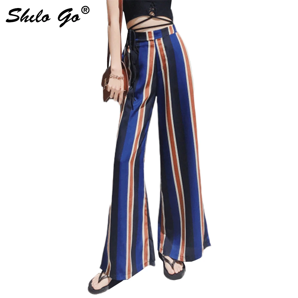 Pantalones Mujer Chic De Amplia Raya Las Capris Playa Casuales Verano Azul Cintura Pierna Mujeres Streetwear Alta Split 55xHrwPZ