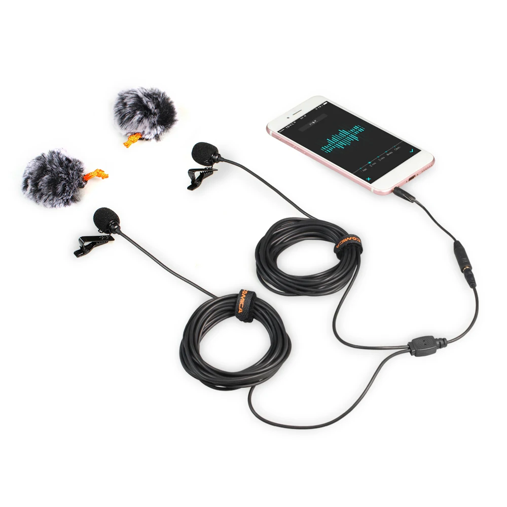 Tanie Comica 2.5 M 4.5 M 6 M podwójna głowica Lavalier klapa mikrofonu Clip on wielokierunkowy mikrofon pojemnościowy kabel do DSLR Smartphone Gopro PC