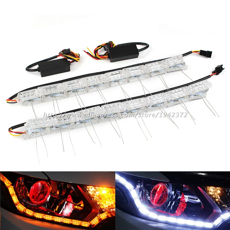

Car Flexible White Amber Switch LED 2PCS Fixed Flash Strip Light for Headlight Daytime Running Lights DRL Turn Signal