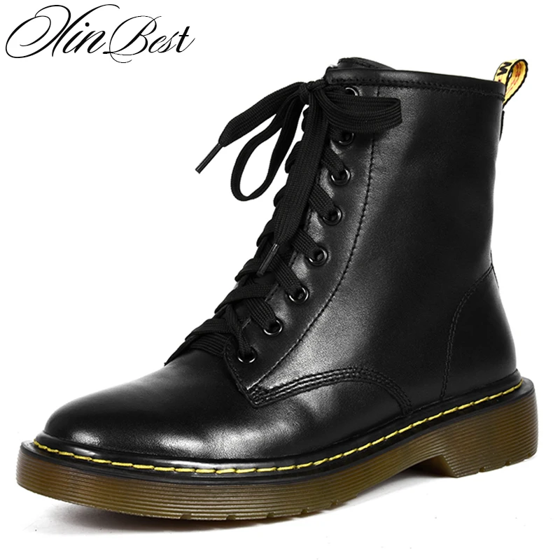 

XinBest Women Boots Hot Selling Lace Up Square heel Ankle Boots For Woman Genuine Leather Round Toe Med Heel Boots Shoes Girl