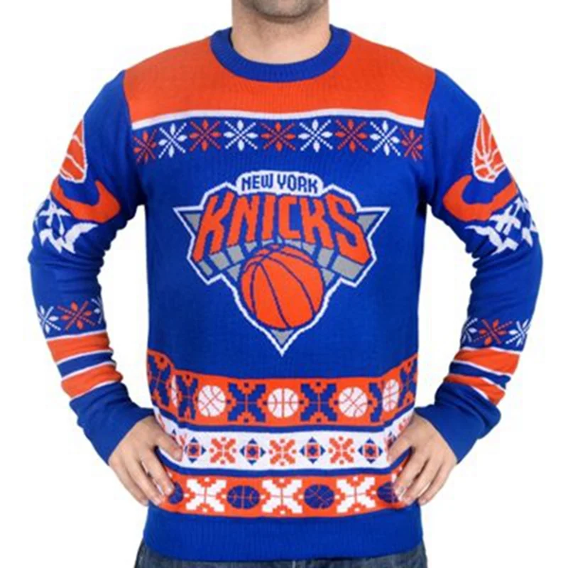 Man Busy Block Ugly Sweater NY Knicks Patch Ugly Sweater Crew Neck