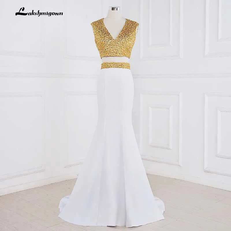 Gold White Evening Prom Dress 2018 Sleeveless V Neck Formal Evening