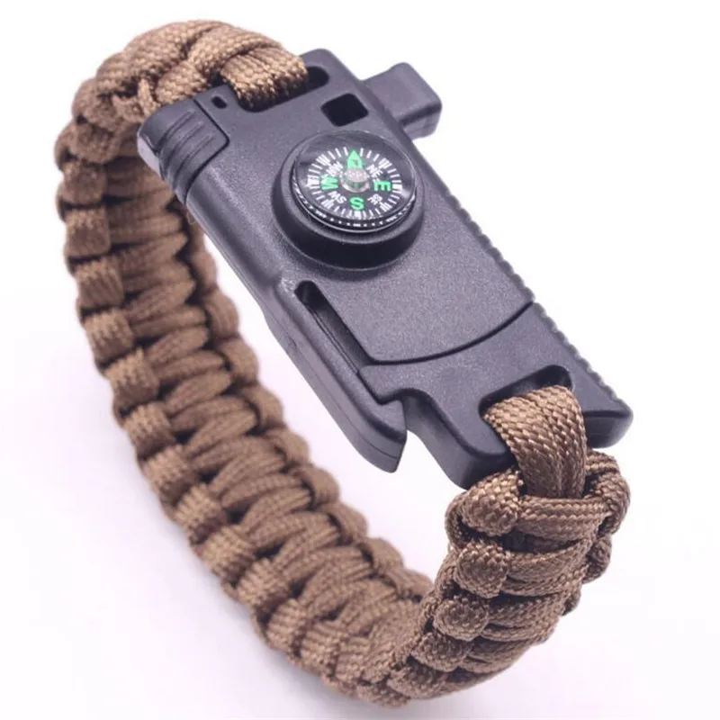 Плетеный браслет для мужчин, многофункциональный Паракорд, браслет для выживания на открытом воздухе, походный спасательный аварийный трос, браслеты для женщин - Окраска металла: Brown