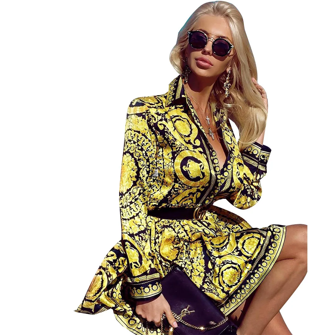 

2019 women new Spring vintage paisley print lapel collar long sleeve mini dress blouses casual straight dresses outfit J1729