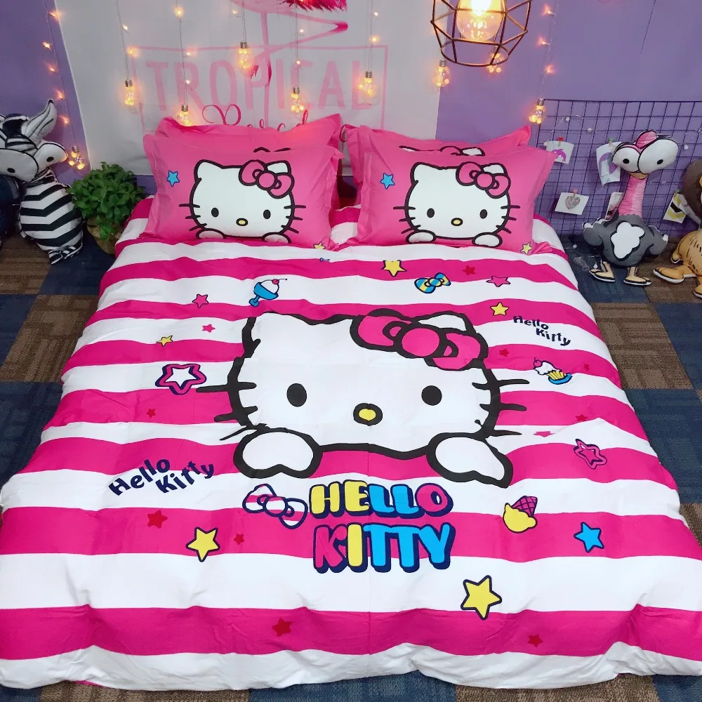 100% хлопок милые комплекты постельного белья hello kitty queen king size cat pink пододеяльник
