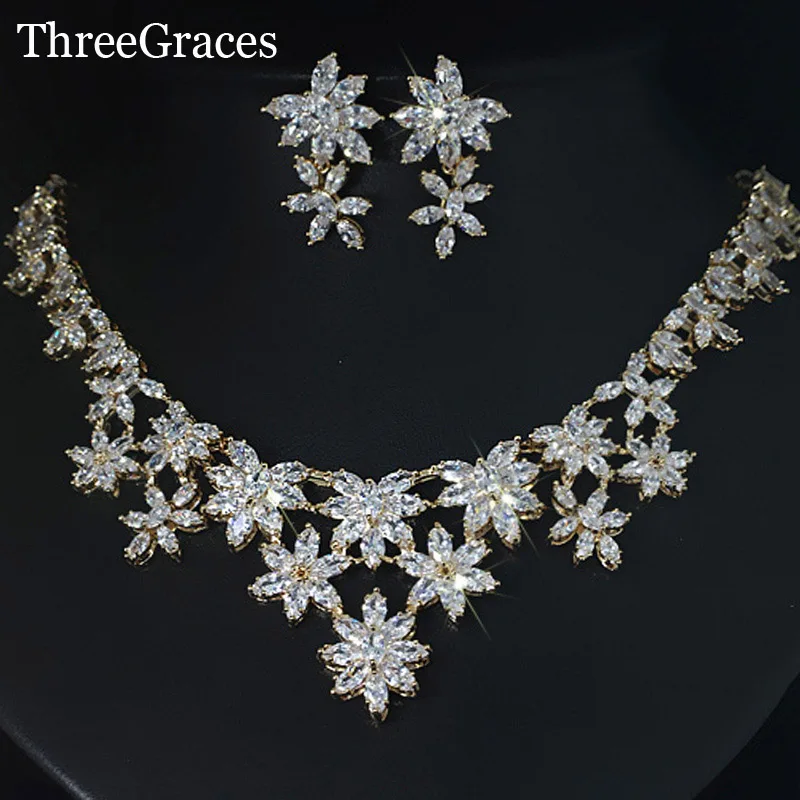 

ThreeGraces Luxury Gold Color Clear White CZ Stones Large Flower Necklace Earrings Bridal Wedding Jewelry Sets For Brides JS095