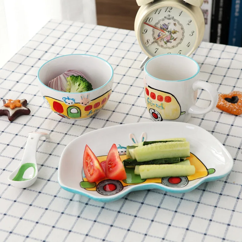 4pcs / set animal Transportation Baby plate bow cup Forks Spoon Dinnerware feeding Set, ceramic cartoon Baby children tableware 
