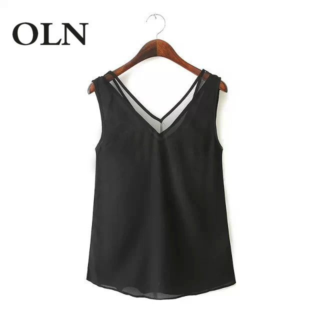 

Womens 2019 Summer Casual Blouse Slim Sleeveless Big Yard Tops V-neck Splice Chiffon Blouses S-2XL Work Wear White/black OLN Ram
