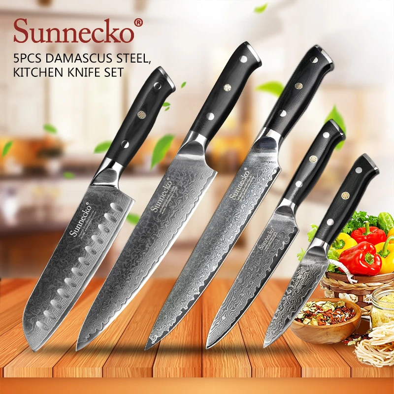 

SUNNECKO 5PCS Kitchen Knives Set Slicer Chef Santoku Utility Paring Knife Japanese Damascus VG10 Steel G10 Handle Cutting Tools