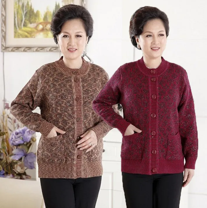 

knitted cardigan sweater coat spring fall middle age mother flower knitwear top grandma wear thick cashmere sweater women jumper