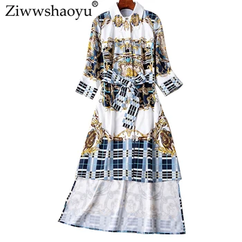 

Ziwwshaoyu Fashion Print dresses Turn-down Collar Beading Diamonds Sashes Elegant Party dress Spring and summer runway new women