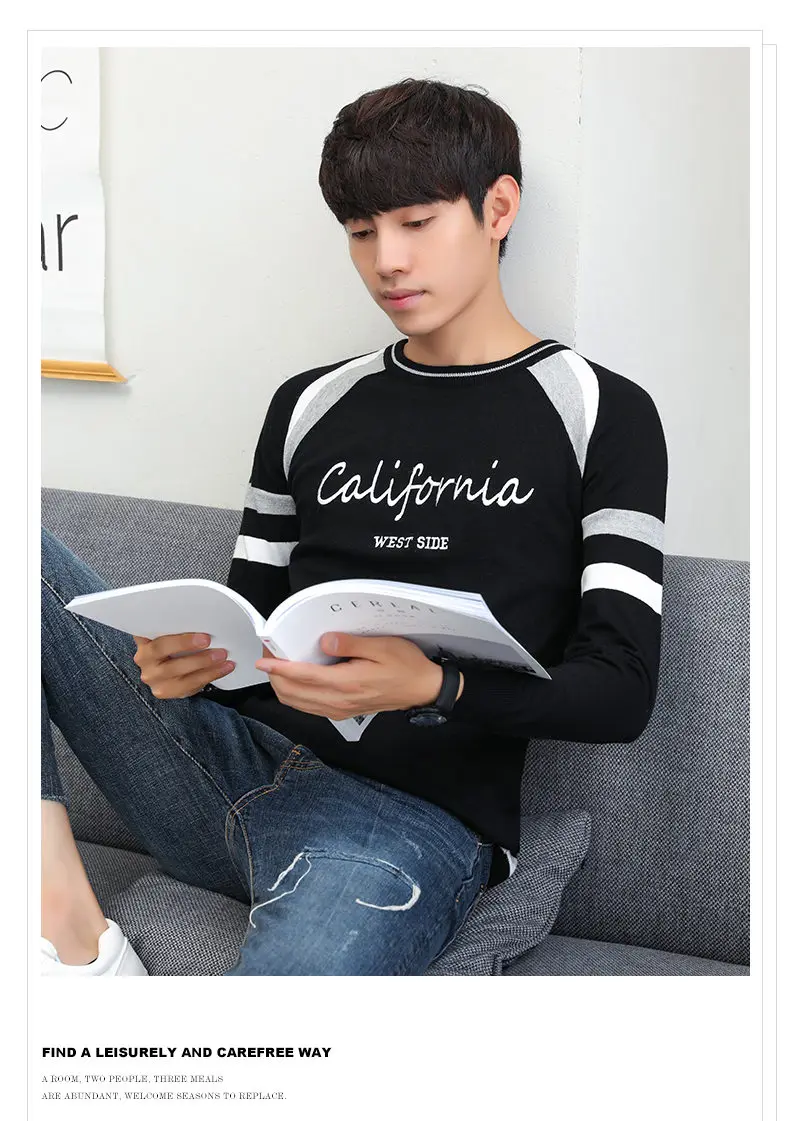 2019 Autumn Contrast Color Sweater Men O-Neck Cotton Knitted Pullover Men Winter Fashion Korean Style Striped Mens Sweaters Male 10