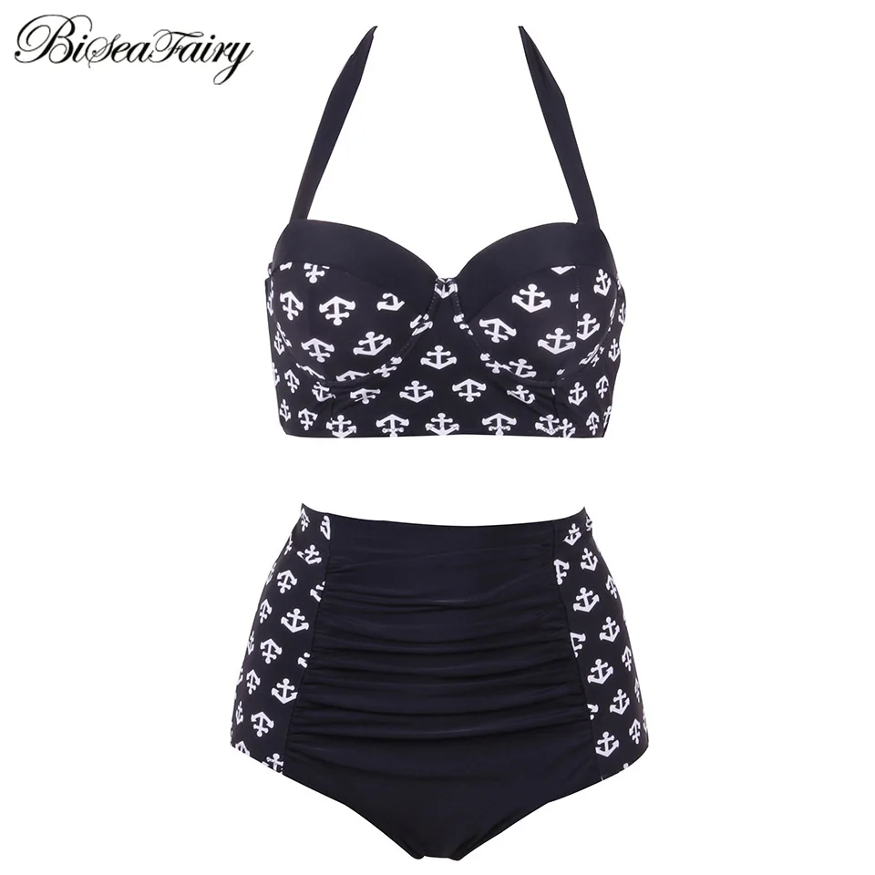 

Biseafairy 2019 New High Waist Swimsuit Bikinis Women Push Up Bikini Set Plus Size Swimwear Vintage Retro Halter Bathing Suit