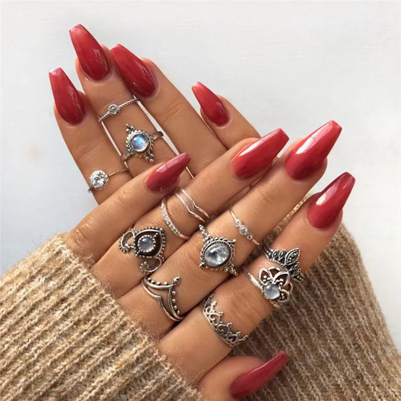 

TTLIFE 12pcs/set Bohemian Retro Crown Flower Leaf Cross Exaggerated Gem Silver Ring Set Women Wedding Party Jewelry Accessories