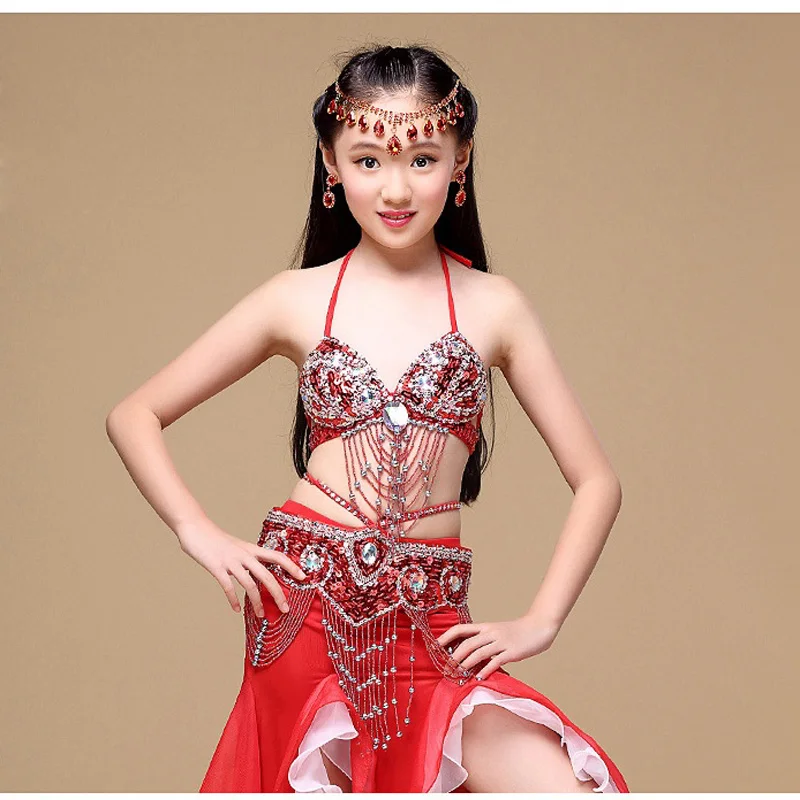 2017 Hot Selling Children Belly Dance Costumes 6 colors Kids' Girls Belly Dance Outfit Costume India Dance Clothes bra+belt+dress