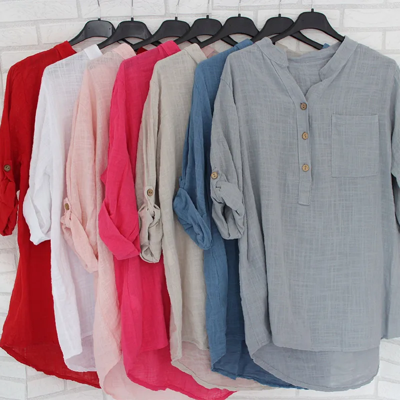 Womens Cotton Linen Stand Collar Shirt Blouse Plus Size 5XL White Solid Pocket Womens Shirts 2020 Spring Loose Blouses Female Womens Cotton Linen Stand Collar Shirt Blouse Plus Size 5XL White Solid Pocket Womens Shirts 2020 Spring Loose Blouses Female